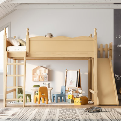 Queen Solid Wood Loft Bed with Storage Shelves, Wardrobe, Detachable Slide and Ladders, No Box Spring Needed, Natural – Kids/Teen Bedroom