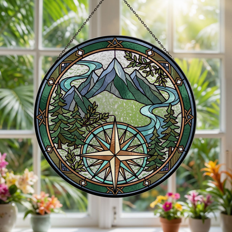 Panneau de vitrail Mountain Compass - 7,8H, H 7,8 po