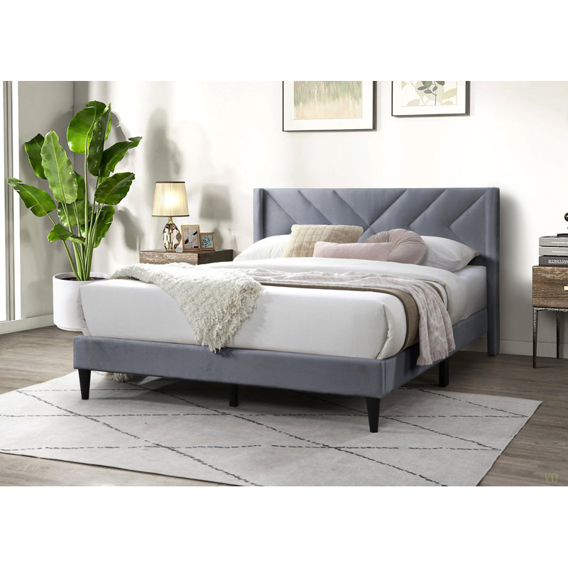 Élégant lit en tissu d'ameublement moderne en velours pour lit grand format avec tête de lit 1pc, Gris
