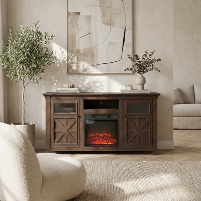 Farmhouse Style TV Stand with Fireplace Insert and Storage Cabinets, Large Entertainment Console for Living Room