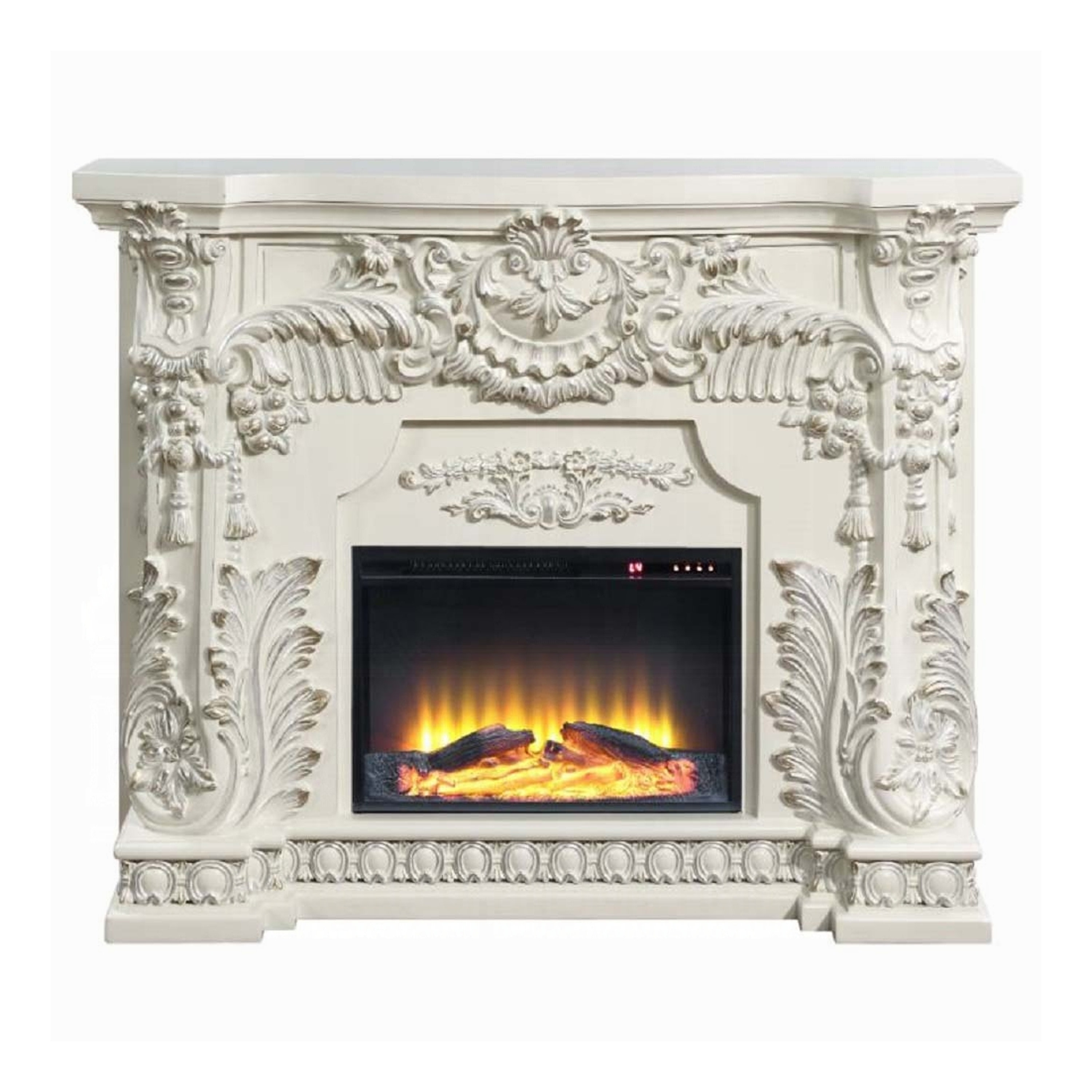 Benjara Rox LED Electric Fireplace, 62 Inch, Resin Details, Antique