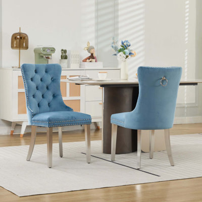 Nikki Collection Modern, High-end Tufted Solid Wood Contemporary Velvet Upholstered Dining Chair with Chrome Stainless Steel Plating Legs,Nailhead Trim,Set of ,Light Blue and Chrome