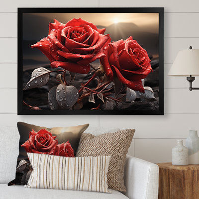 " Red Black Roses Field With Sunset "
