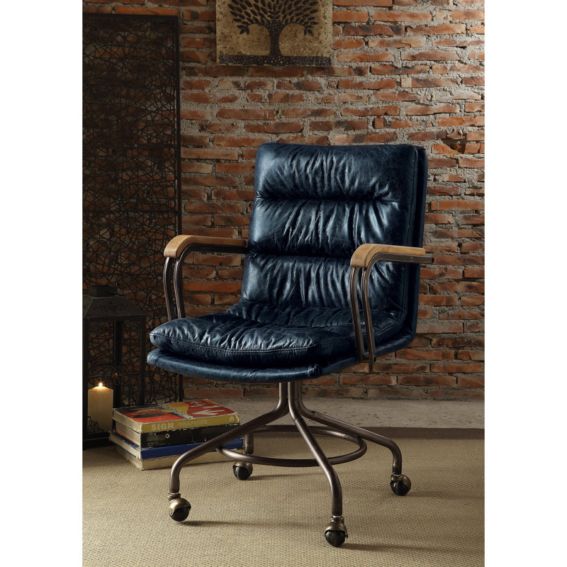 Blue Leather Office Chair Ii Vintage - High-Back With Fixed Swivel, Comfortable Padding, Stable Base, 19" Seat Width, 26 In Package Depth, 22.26 Product Width Top Grain Style Swivel Seat, Padded Back