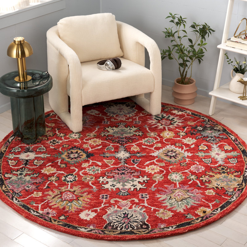 Tapis floral performance en laine / coton touffeté Dassie en ivoire / rouge, Rond 6 pi