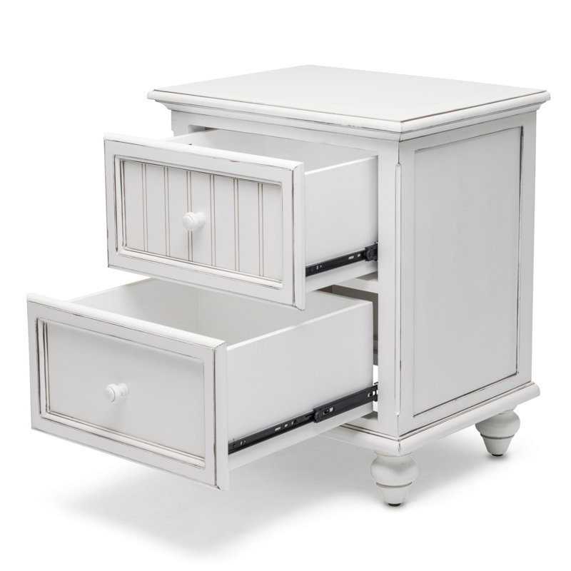 Elegant Distressed Blanc Wood Nightstand With Two Smooth-Glide Drawers, Kiln-Dried Mindi Wood Frame, Rustic Wooden Knobs, And Light Glaze Vintage Finish For Cozy Coastal Bedroom Charm