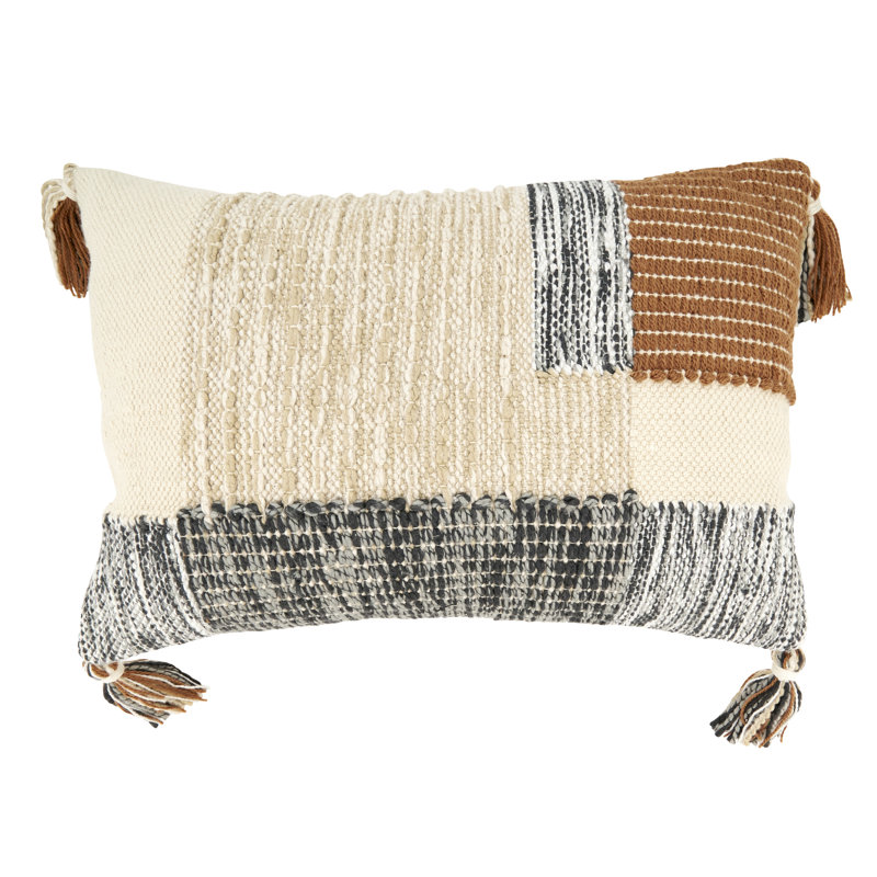 Geometric Bliss Beige and Brown Tasseled Throw Pillow