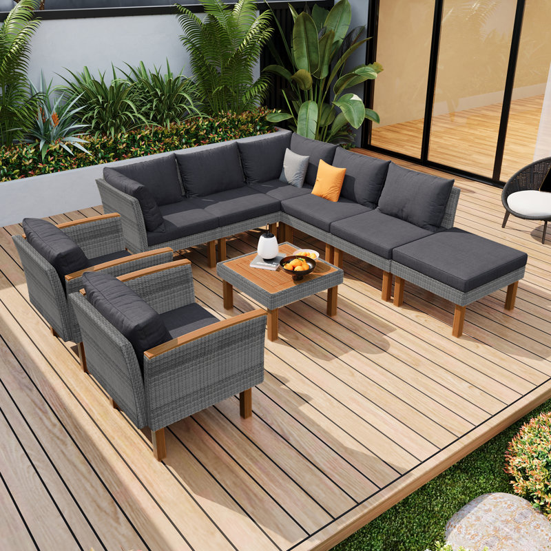 Wicker 7 - Person Modular Patio Conversation Sets with Cushions, Gray