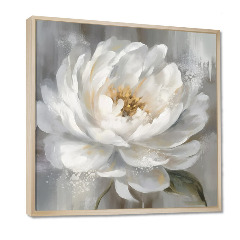 Art de pivoines blanches et grises - art sur toile de pivoines, H 16 po x l 16 po x P 1 po, Cadre flottant érable