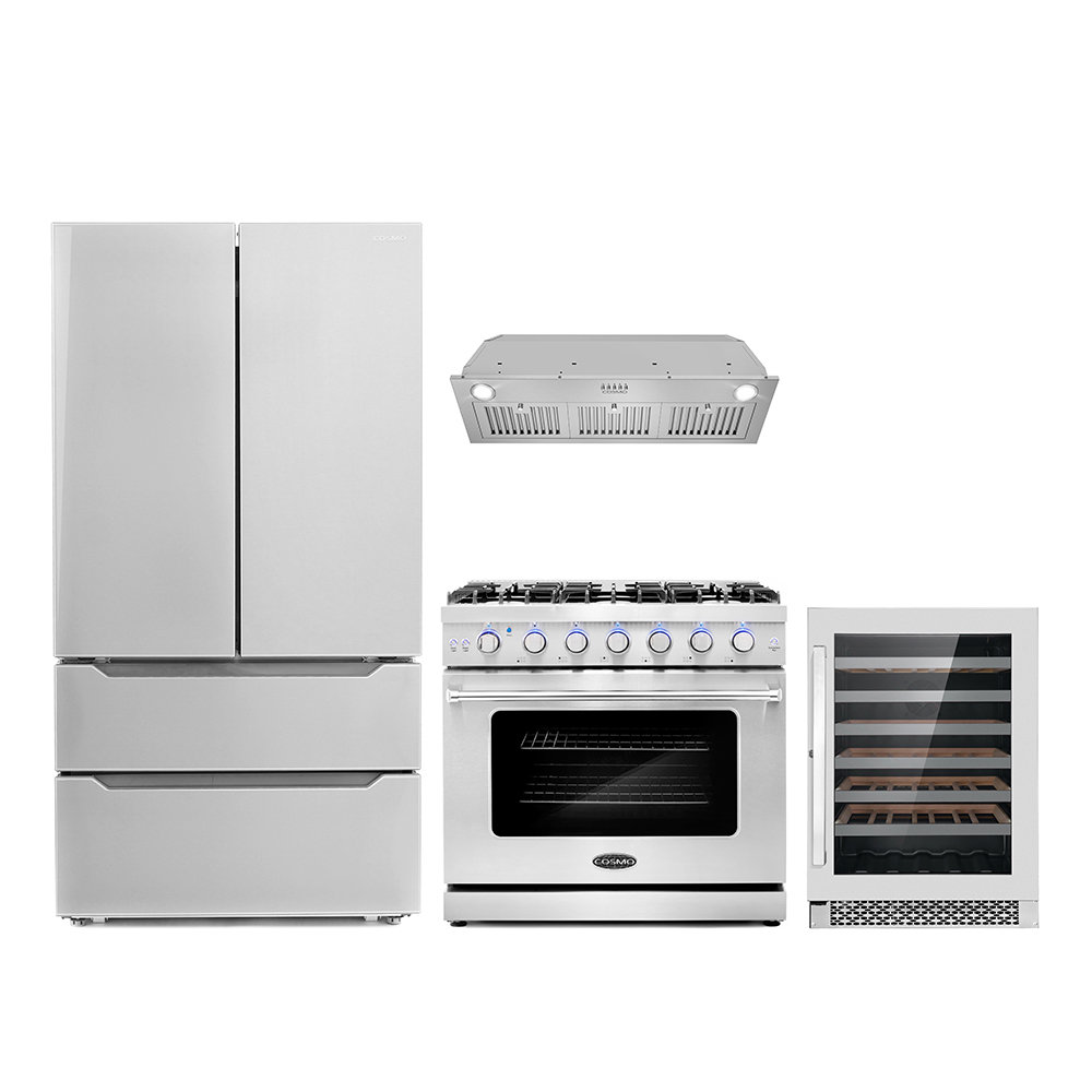 Cosmo 4 Piece Kitchen Appliance Package with French Door Refrigerator , 36'' Gas Freestanding Range , Insert Range Hood , and Wine Refrigerator Cosmo