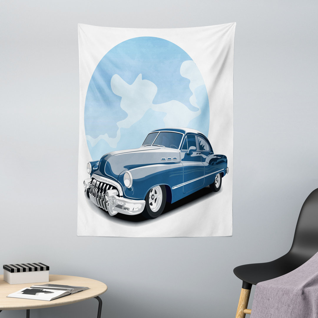 Wandteppich, Retro Vintage Auto, Blau Blassblau Schwarz