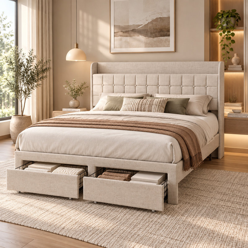 Structure de lit plateforme tapissier avec tiroirs de rangement et tête de lit en tissu, aucun sommier nécessaire, Beige