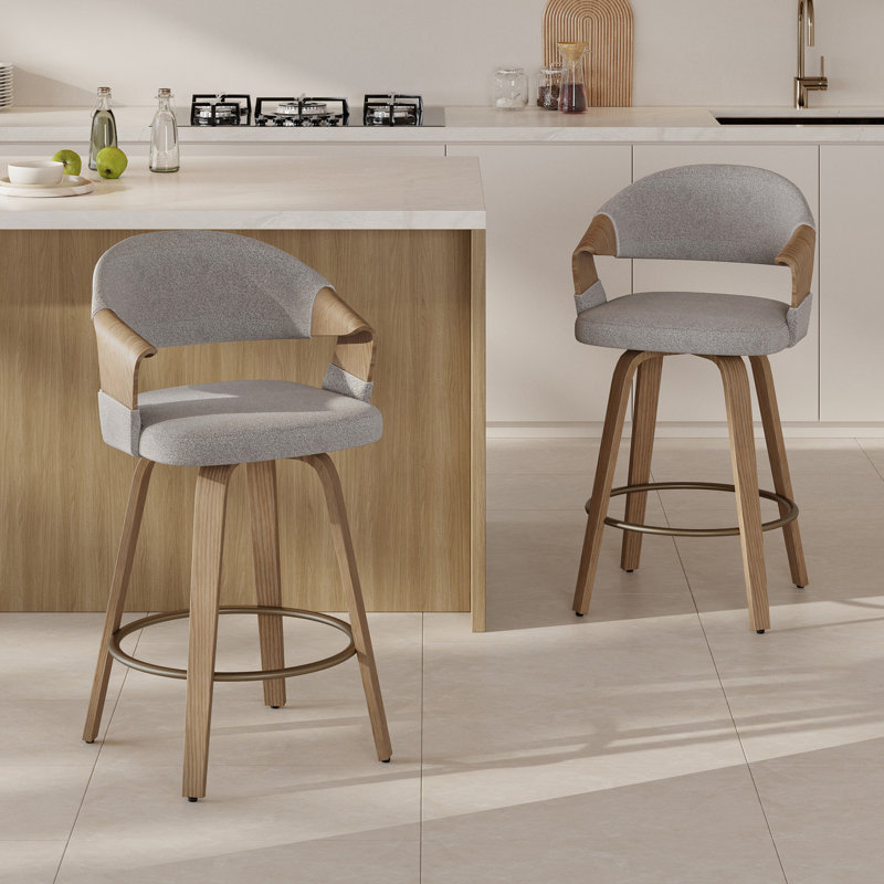 Mid-Century Modern Swivel Counter Stool With Bentwood Frame, Gray