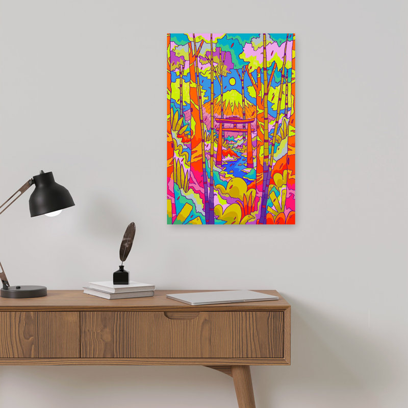 «Vibrant Fuji Torii Path», paysage de forêt de bambou tranquille surréel coloré, art mural, H 18 po x l 12 po