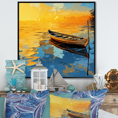 Bateau jaune et bleu au bord du lac - Bateau côtier, art mural