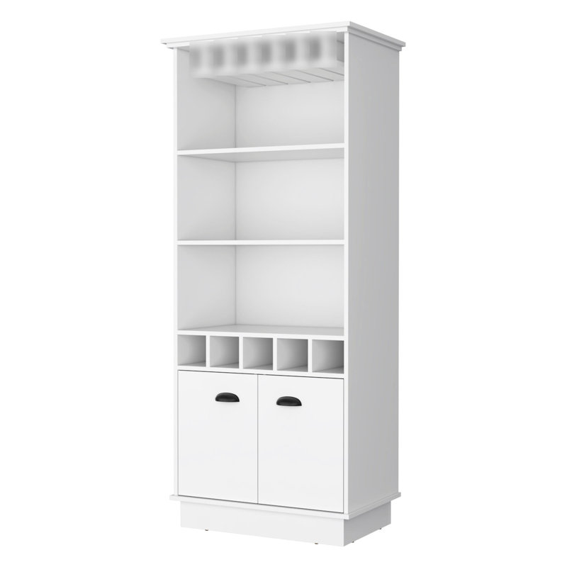 White Bar Cabinet With Efficient Bottle Arrangement - 3 Shelves, 5 , Glassware Holder Stylish Rack For Home Entertaining Structure