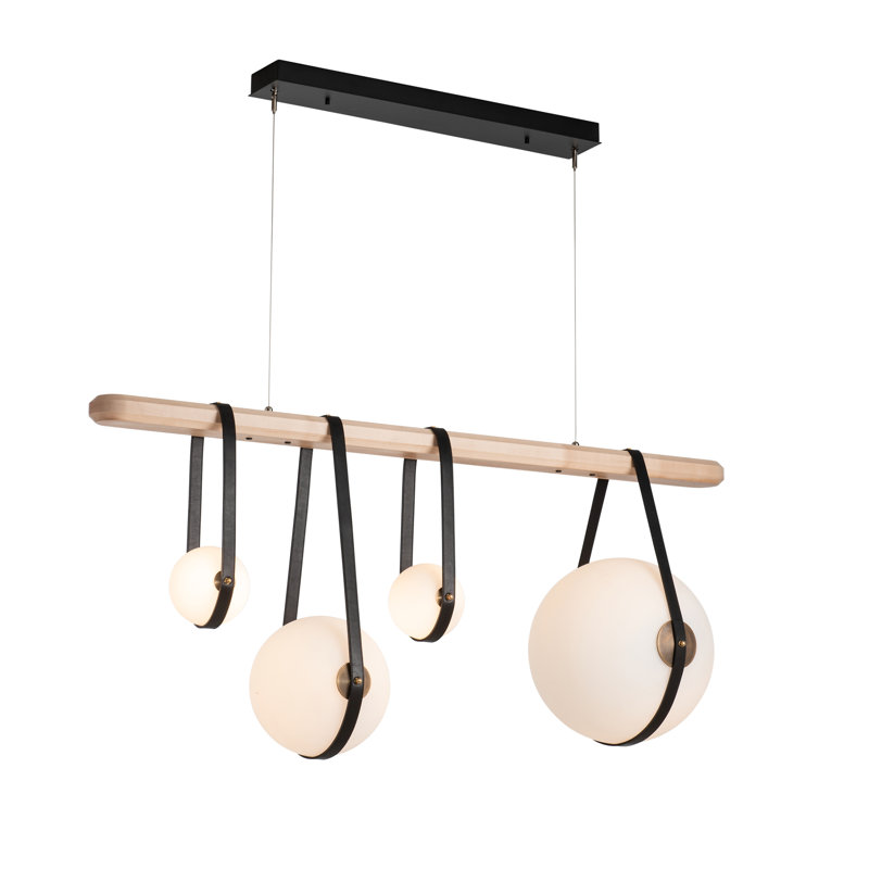 Derby 4 - Light Kitchen Island Linear LED Pendant, Polished Nickel, Chestnut Leather, Maple Wood