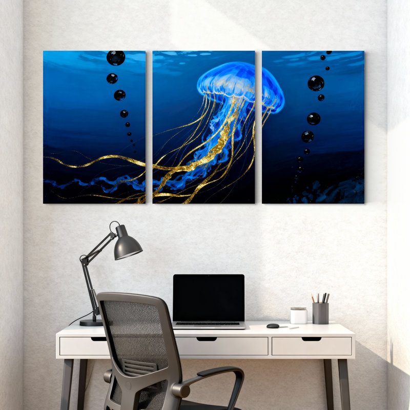 Ensemble de 3 impressions sur toile, méduse bleue avec tentacules dorés et bulles, H 30 po x l 60 po