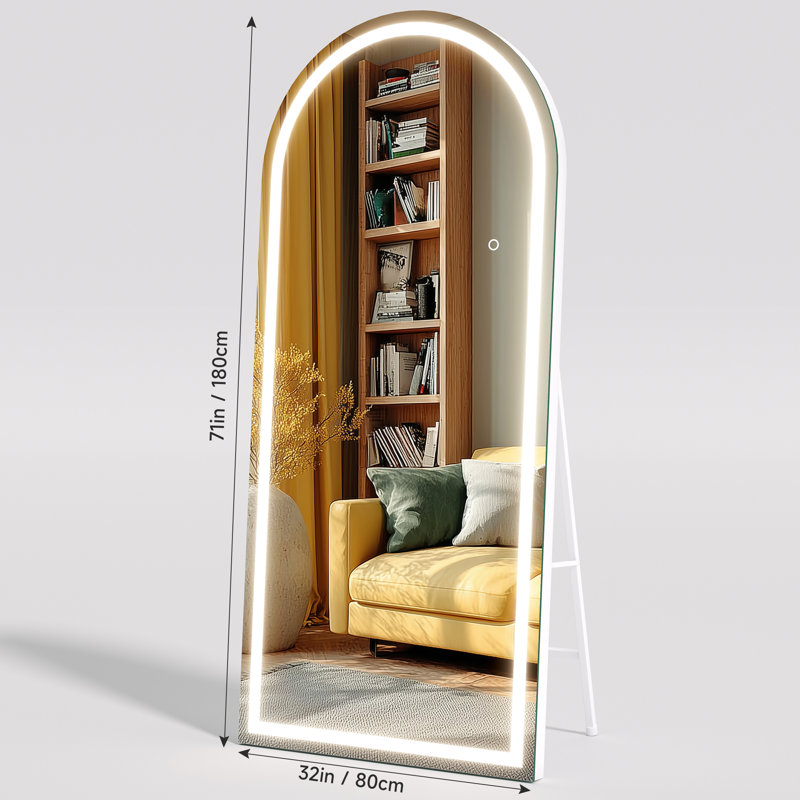 Modern & Contemporary Lighted  Arch Full Length Mirror with Temepered Glass & 3 Years Warranty, 75" x 32", White