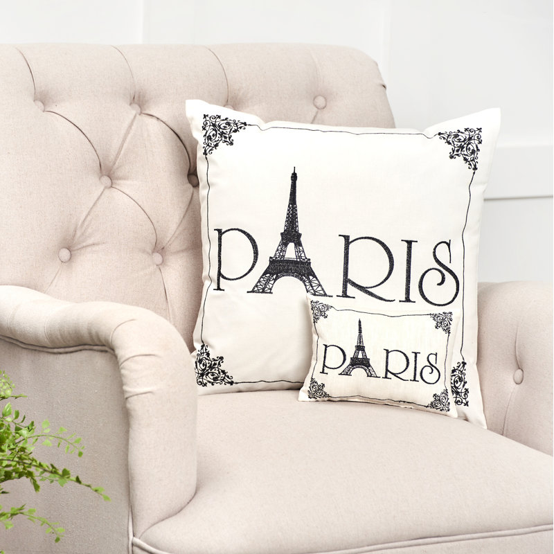 Paris Embroidered Black and White Cotton Throw Pillow