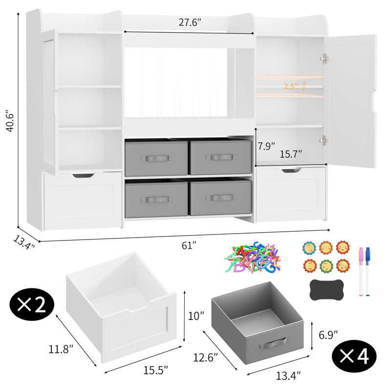 Rangement pour jouets de 61 po, bibliothèques pour enfants avec rangement pour animaux en peluche, 2 tiroirs mobiles, 4 bacs de rangement et 2 planches à dessin magnétiques, bibliothèque Montessori pour chambre d'enfant, salle de jeux, chambre à coucher, blanc