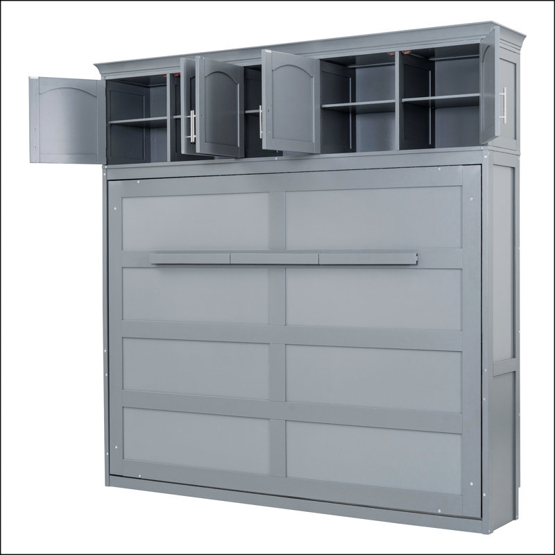 Lit escamotable double pleine grandeur avec armoires supérieures, gris