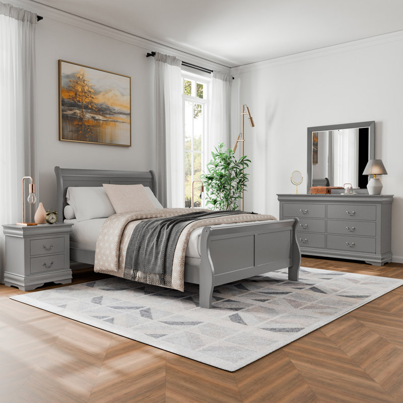 Ensemble de chambre à coucher 4 pièces Emelinda, 4 Pieces: Bed, Nightstand, Dresser, Mirror, Double