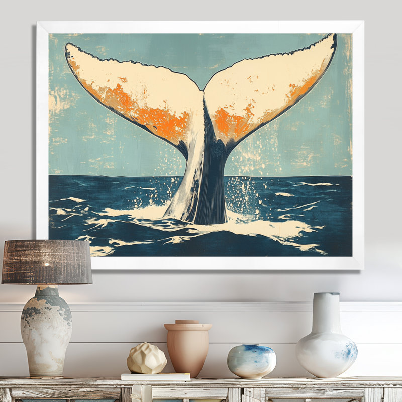 Whale Tail on the Open Sea I - Linocut Framed Canvas Wall Art, H 24 po x l 32 po, White Picture Framed