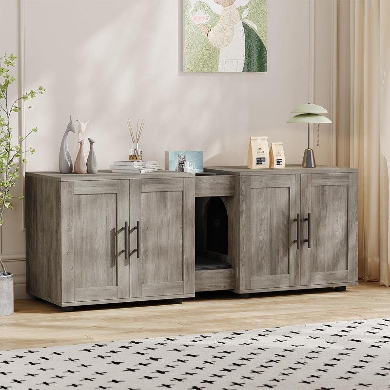Meuble double 55 po pour 2 chats Stand Meuble télé Buck Boucles d'armoire et rainures de rangement, convient au salon, Gris