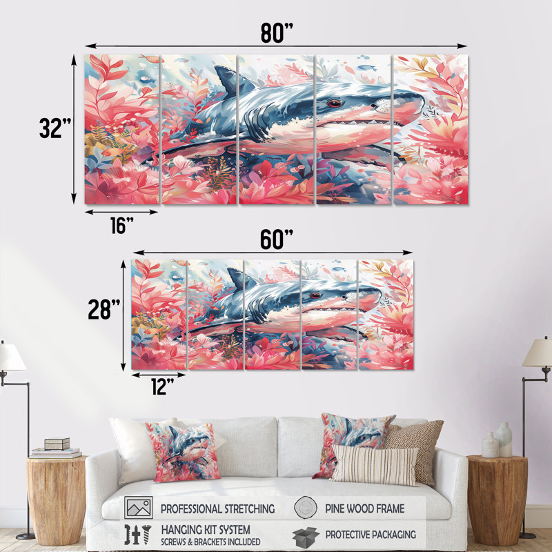 Pink Grey Hunting Shark Watercolor II - Shark Wall Art Print Set, 28" H x 60" W