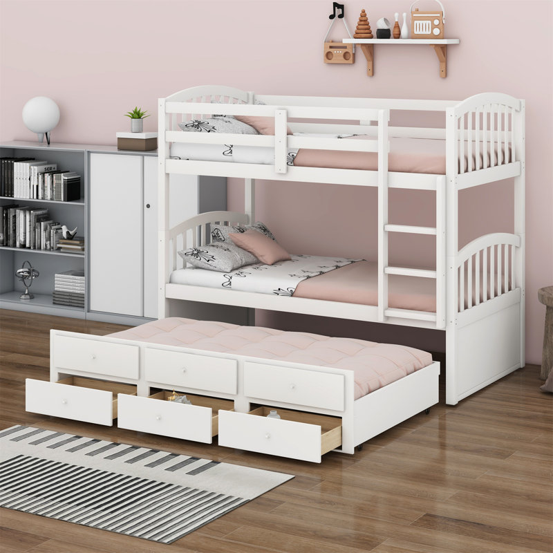 Bunk Bed With Ladder,Trundle And Drawers, White