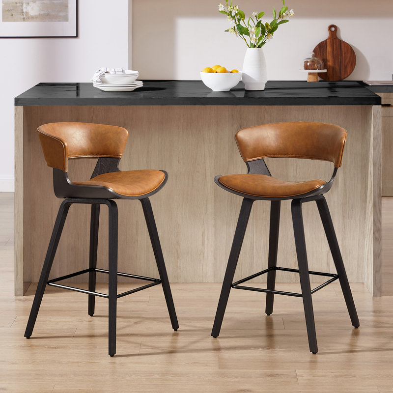 Binni PU 26.97" PU Upholstered Counter Bar Stool with Wood Frame, Brown Performance Faux Leather, Black