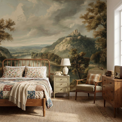 Château, papier peint paysage, rivière, décoration murale traditionnelle