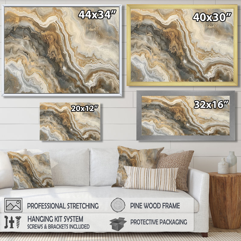 Art mural marbre gris subtil or gris, H 24 po x l 32 po x P 1 po, Toile avec cadre flottant noir