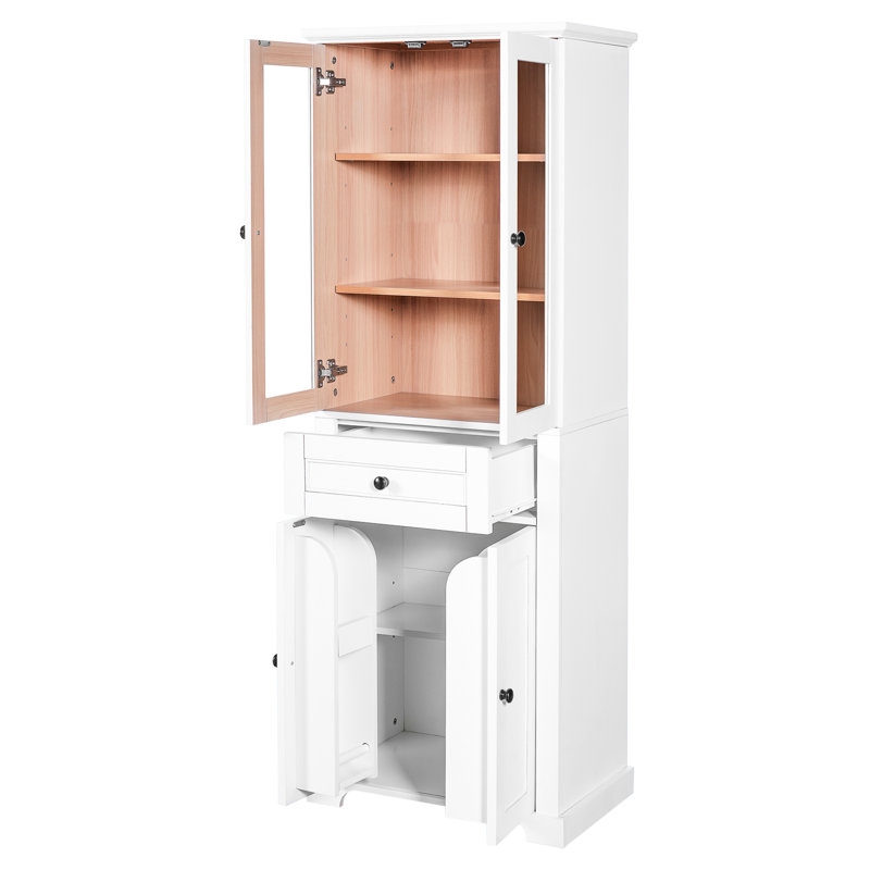 Modern 67.2" Bathroom Linen Tower With Glass Doors, Adjustable Shelving, Drawer, Soft-Close Hinges & Customizable Storage Cabinet Shelves, Feature