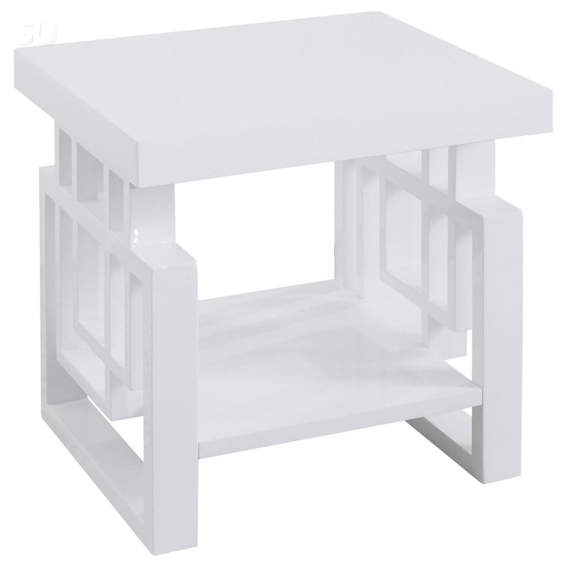 Table de bout rectangulaire haute brillance blanche avec tablette intégrée, parfaite pour les espaces de vie modernes et élégants