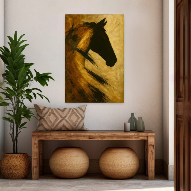 Art doré abstrait cheval contemporain, 48" H x 32" W