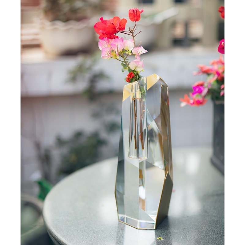 Grand vase asymétrique en cristal et laiton - Vase de luxe moderne H 15 po pour la décoration de salon