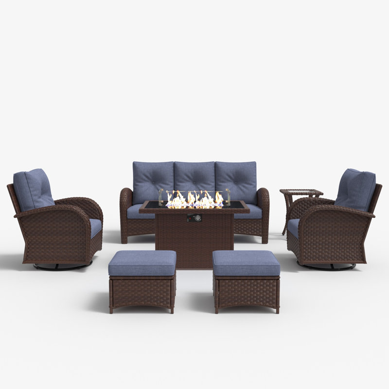 Ensemble de conversation d'extérieur pour 7 personnes avec coussins Gainford, Brun, Bleu marine