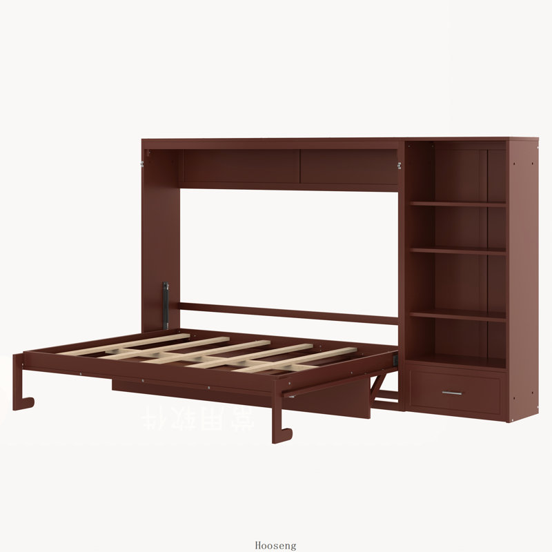 Grand lit escamotable mural, compartiments de rangement à hauteur réglable, tablettes et tiroirs ouverts, lit plateforme pliable, noyer, lit caché peu encombrant pour pièce multifonctionnelle