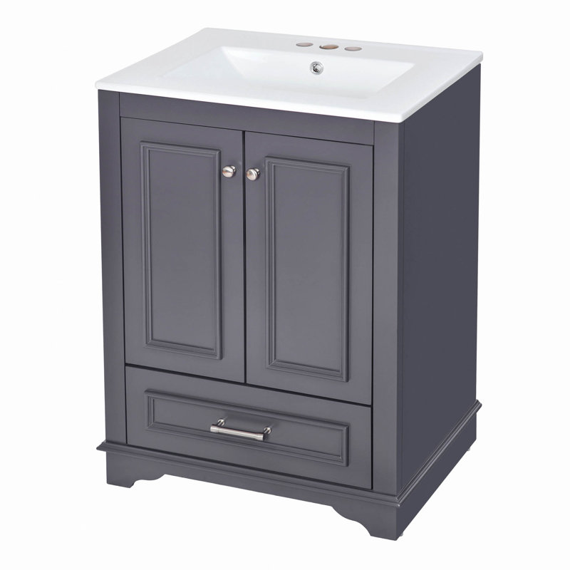 Ensemble de meuble-lavabo 24 po avec lavabo en céramique, armoire de rangement autoportante moderne avec poignées argentées, portes à fermeture douce