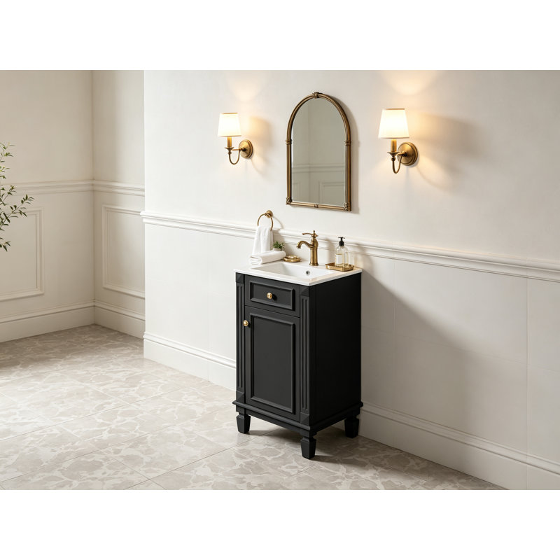 Meuble-lavabo sur pied de style français avec lavabo en céramique, caisson en bois massif et MDF, porte à fermeture douce, étagère réglable, poignées dorées rétro, finition noire pour salle d'eau