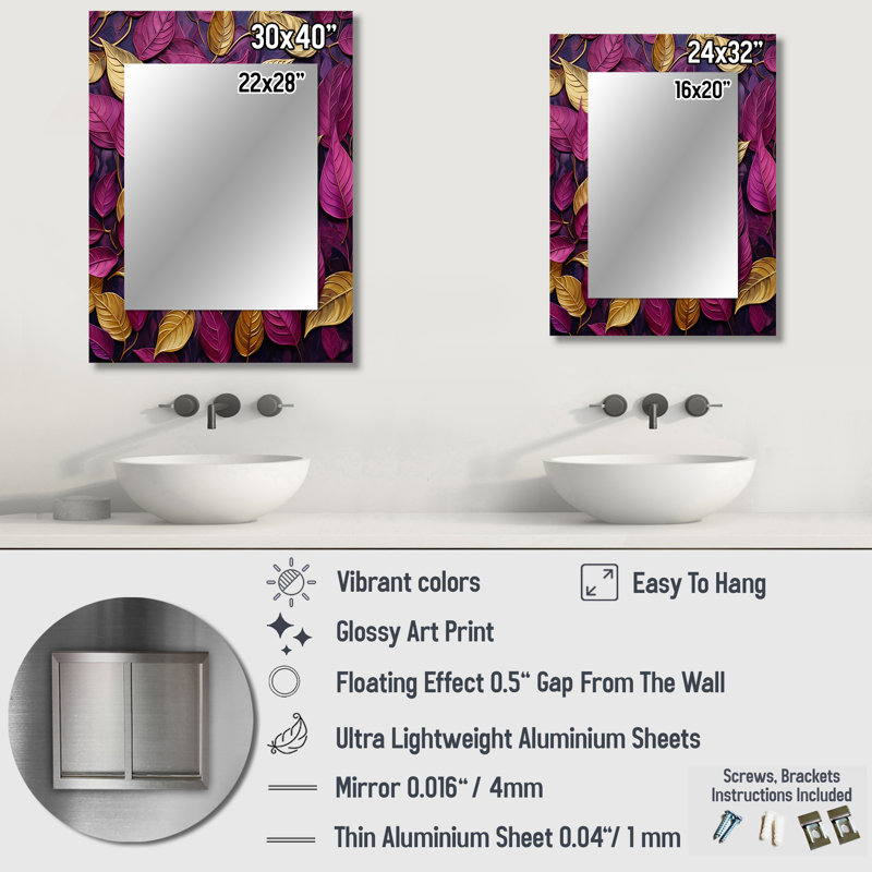 Gold And Pink Leaves Charm Foliage I - Leaves Unique Mirror, Traditional Large Wall Mirror, Printed Metal Art, 32" x 24"