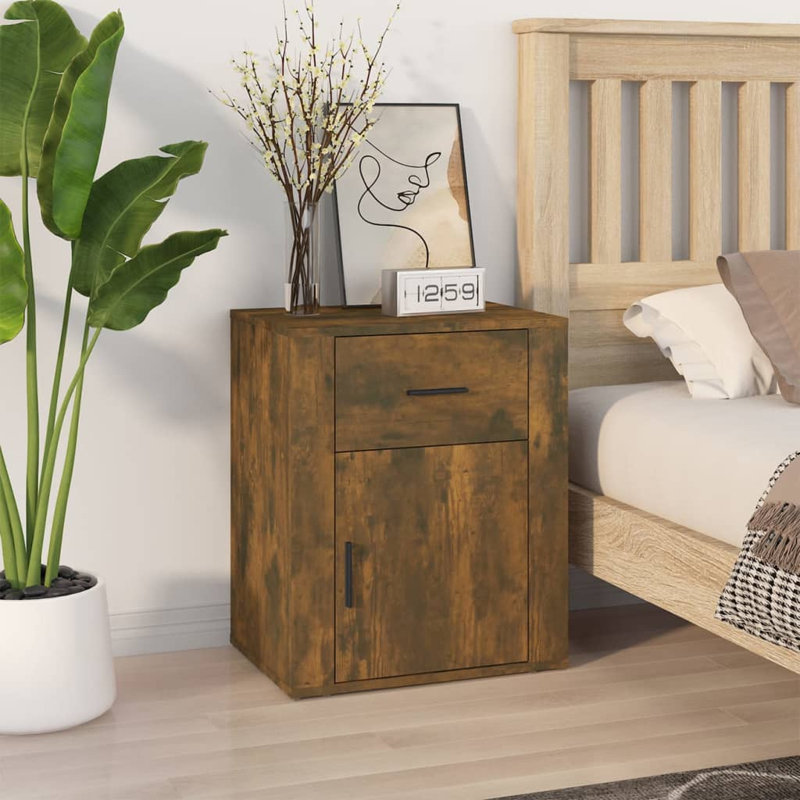 Karinn 50cm W Manufactured Wood Bedside Table, Smoked Oak