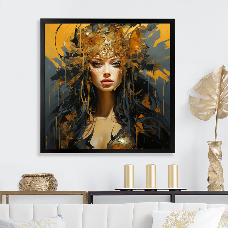 Or et noir Warrior Queen I - art mural moderne, Cadre simple noir, H 16 po x l 16 po x P 1 po