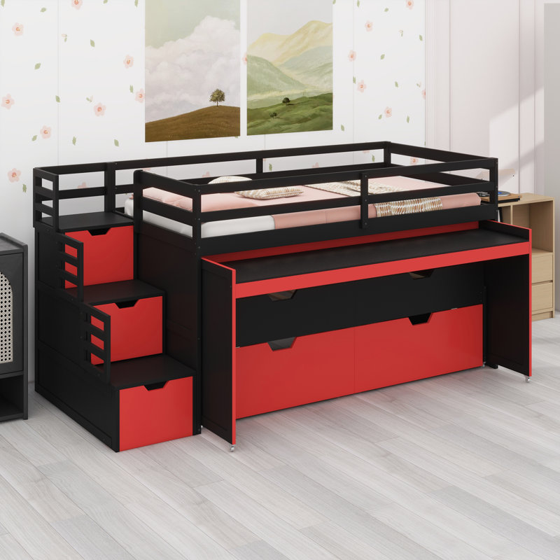 Lit mezzanine multifonctionnel avec bureau coulissant, lit gigogne, tiroirs de rangement et marches de rangement, Black+Red