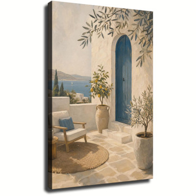 Print Canvas Wall Art Mediterranean White Villa Blue Arch Door Lemon Tree Sea View Terrace Oil Painting Neutral Coastal Wall Decor
