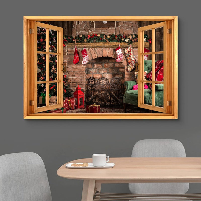 Célébration des fêtes de Noël «Vue de la fenêtre Chaussette de Noël Décorations de cheminée Célébrations et jours fériés, paysages naturels» sur