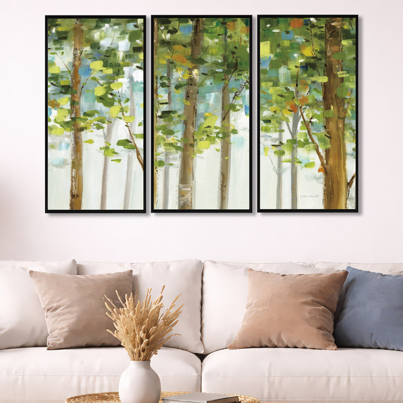 Étude de forêt verte - ensemble d'art mural sur toile traditionnel encadré de 3, H 32 po x l 48 po x P 1 po, Cadre noir