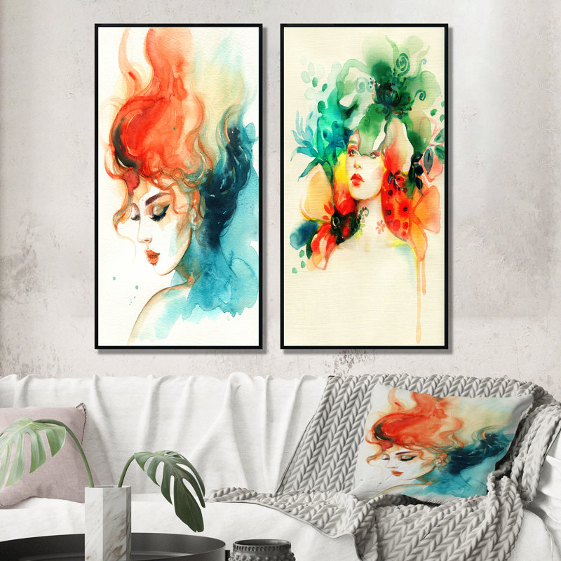 Fashion Model with Vivid Make up V - Ensemble de 2 peintures sur toiles, H 32 po x l 32 po x P 1 po, Cadre flottant noir